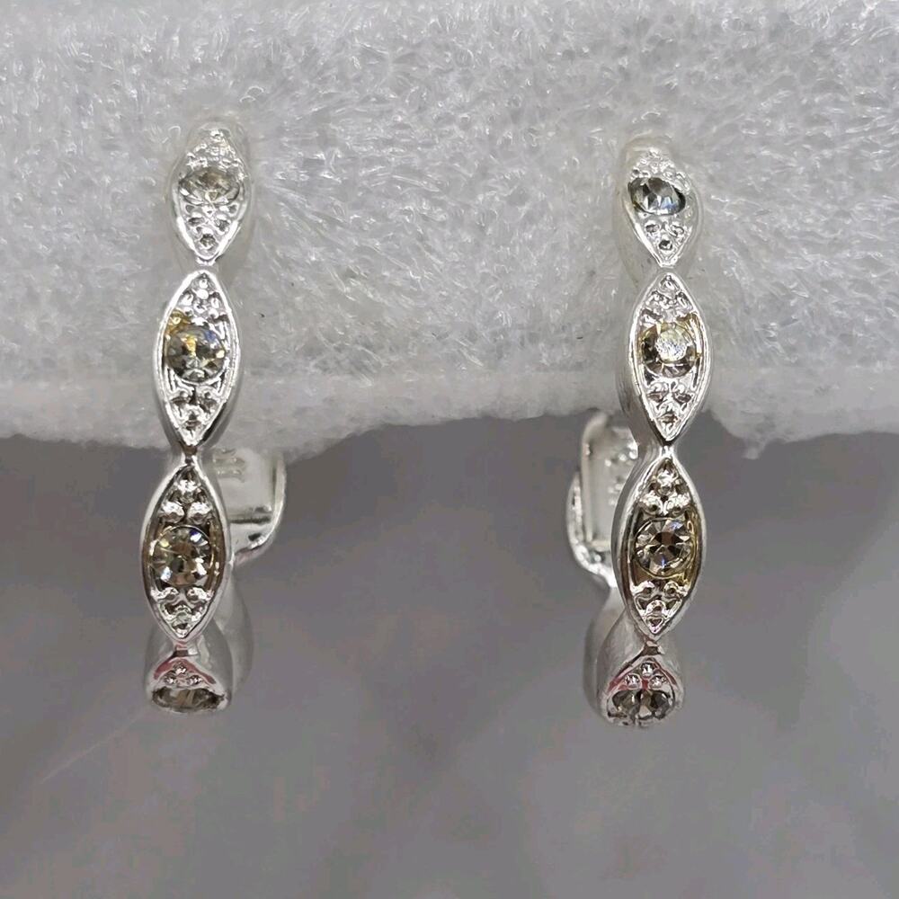 Earrings Vintage Hoop JJG Bezel Clear Rhinestones Silver Tone Omega Back SK3225